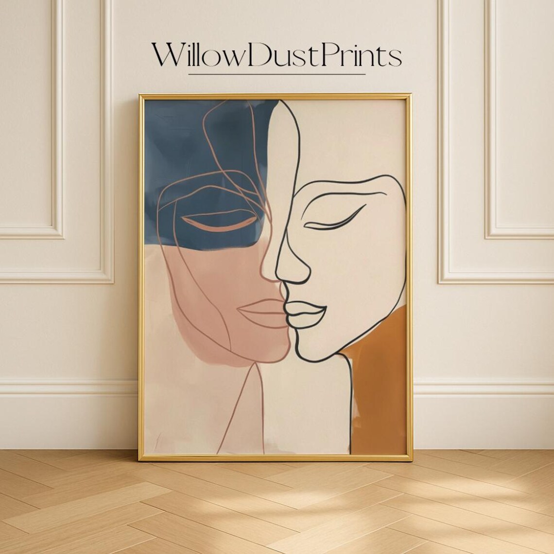 Abstract Couple Line Art Faces Kiss Romantic Minimalist Modern Poster