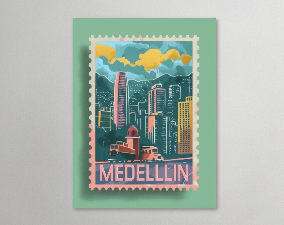 Medellin Colombia Cable Car Skyline Vintage Stamp Art Travel Poster