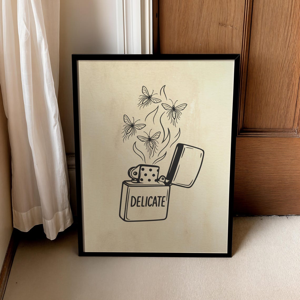 Delicate Lighter And Moths Rising Minimalist Black Line Art Print
