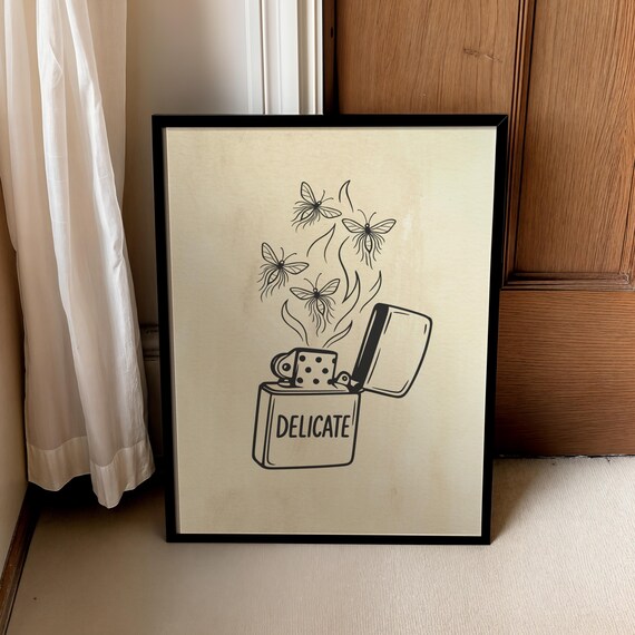Delicate Lighter And Moths Rising Minimalist Black Line Art Print