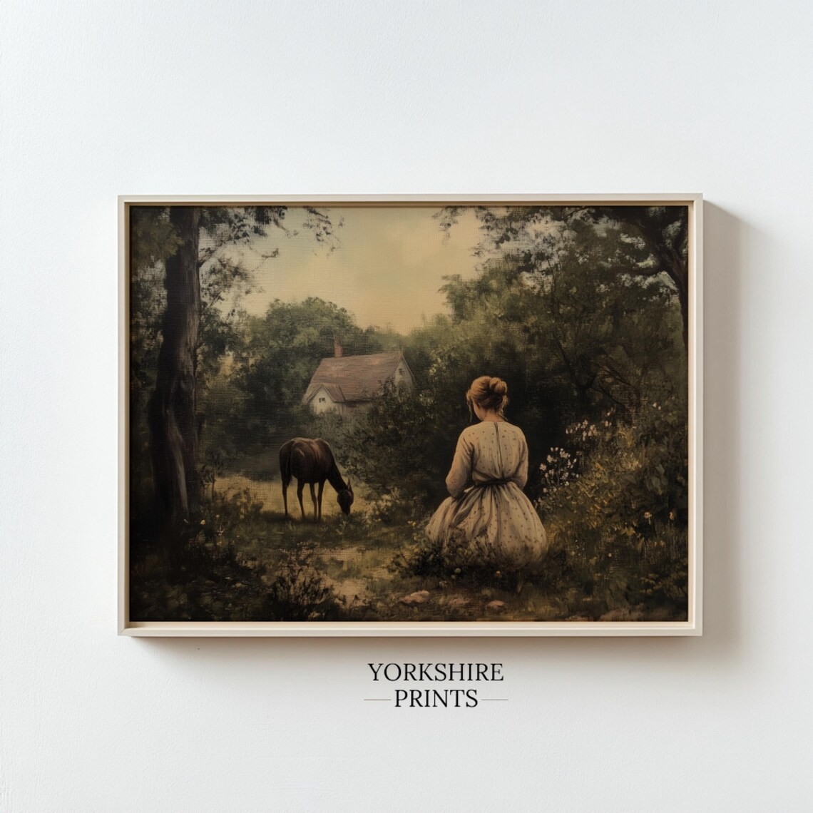 Vintage Woman With Horse Woodland Cottage Scene Country Art Poster - Image 3