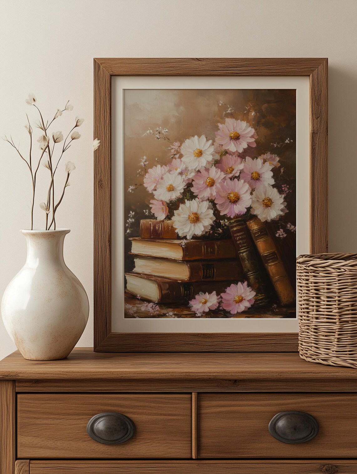 Pink Cosmos Flowers Antique Books Dark Academia Floral Poster - Image 2