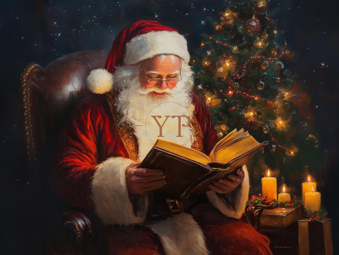 Santa Claus Reading Book By Christmas Tree Cozy Vintage Holiday Poster - Image 3