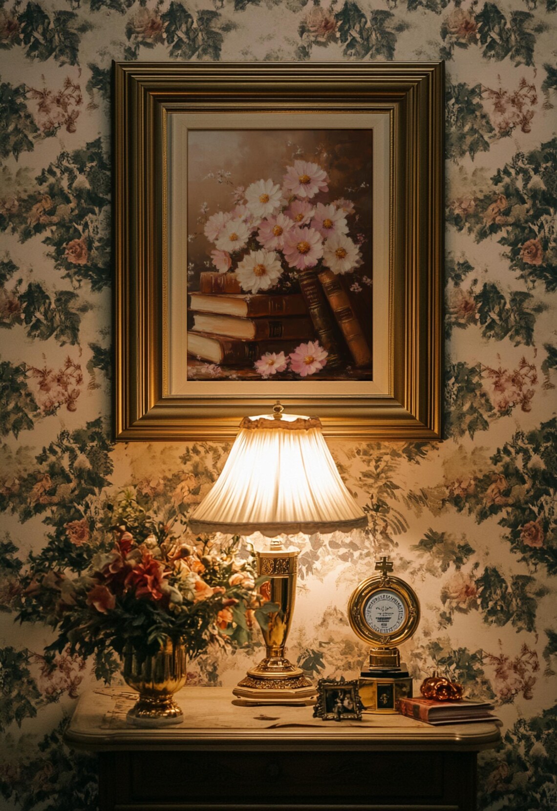 Pink Cosmos Flowers Antique Books Dark Academia Floral Poster - Image 3