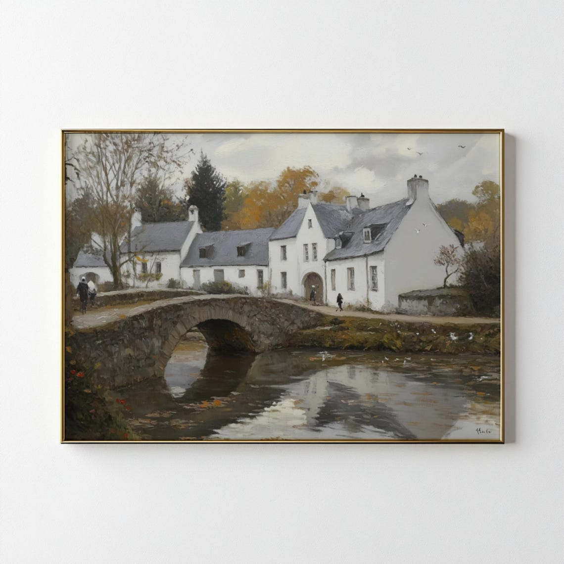 Rustic Stone Cottage With Arched Bridge Autumn Riverside Art Poster - Image 3