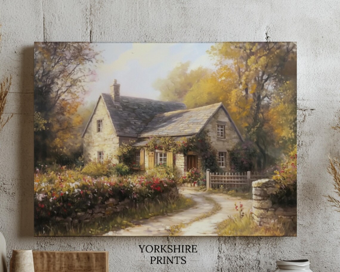 Stone Cottage Flower Garden Country Lane Autumn Trees Art Poster - Image 3