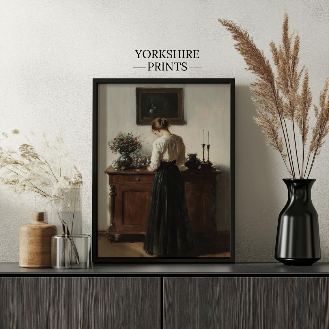 Woman Arranging Flowers Quiet Interior Vintage Oil Painting Moody Wall Art - Image 2