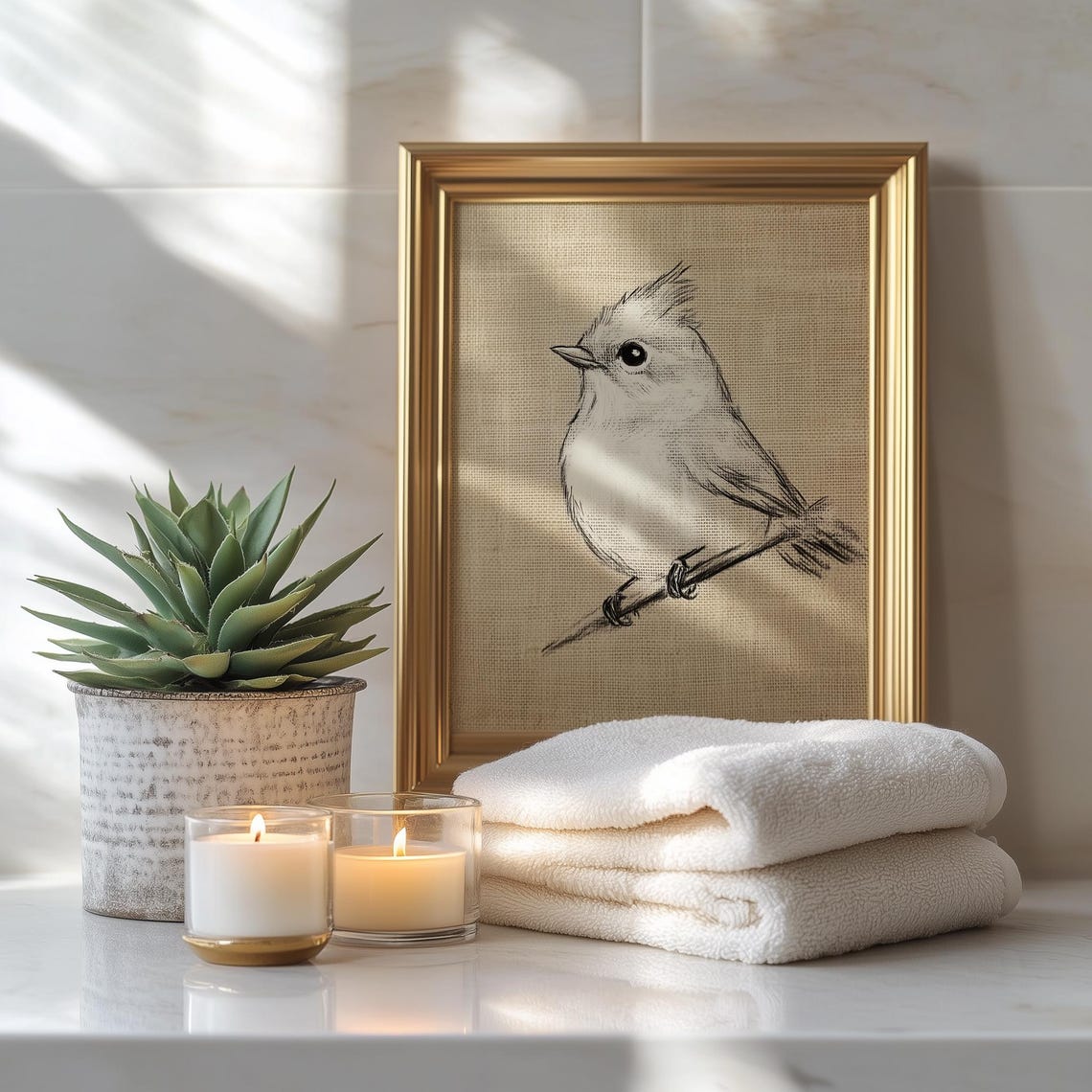 Tufted Titmouse Pencil Sketch On Branch Rustic Bird Art Print Poster - Image 3