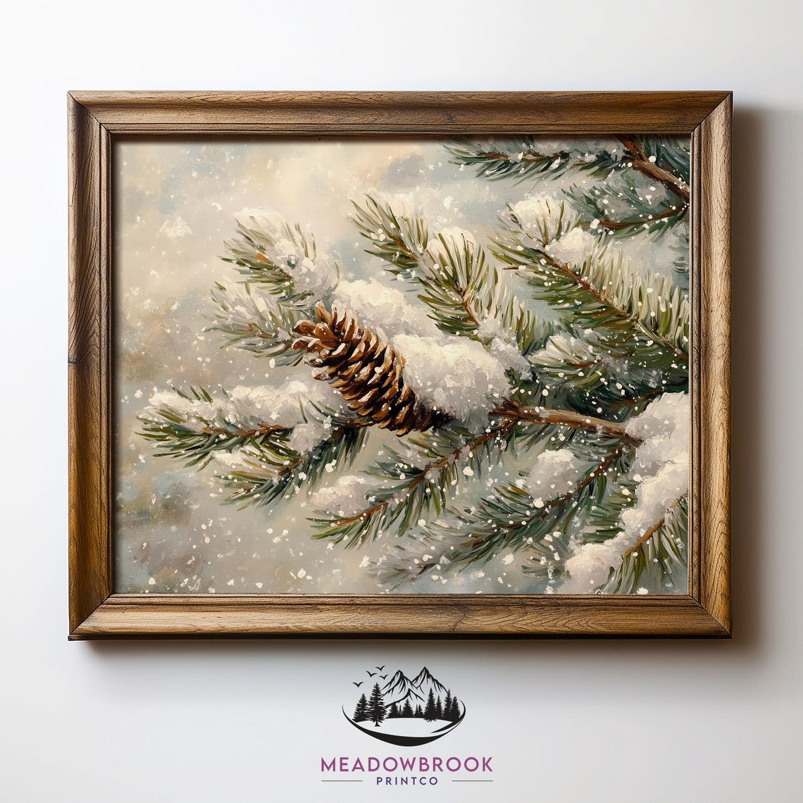 Frosted Pine Branch With Snowfall Vintage Winter Painting Print