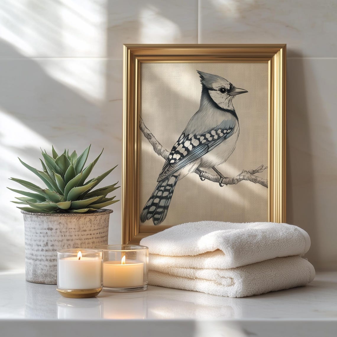 Blue Jay Pencil Sketch Perched On Branch Neutral Bird Art Print Poster - Image 3