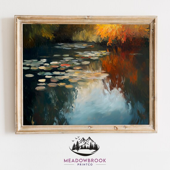 Evening Scene At A Lily Pond Moody Autumn Reflection Earthy Cottagecore Wall Art Rustic Fall Decor Landscape For Home 73