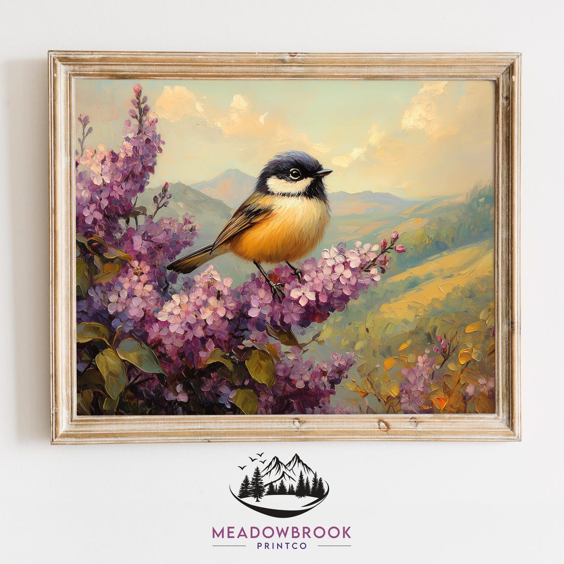 Chickadee Among Lilac Blossoms Rolling Hills Spring Landscape Poster