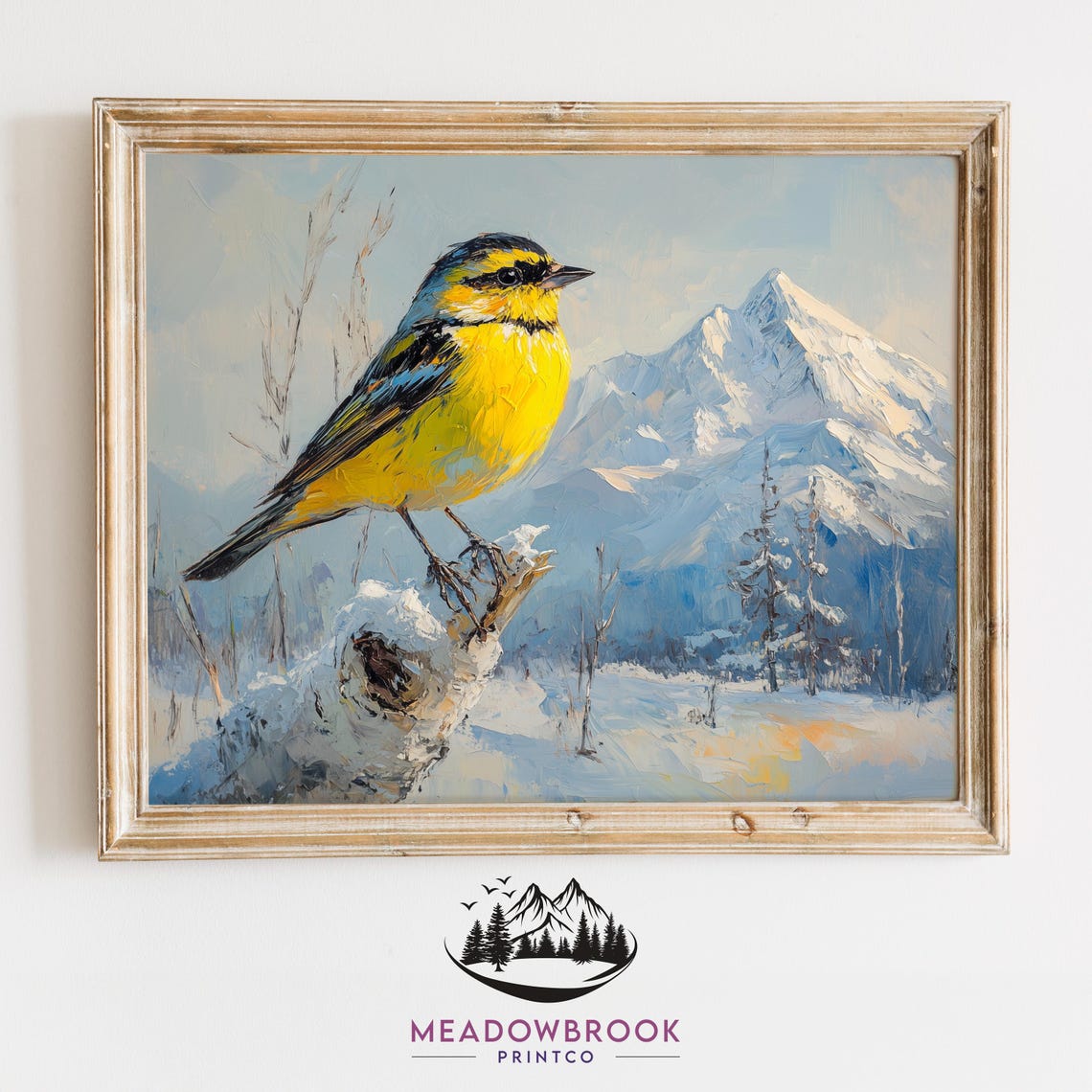 Yellow Siskin On Snowy Stump Before Snowcapped Mountain Winter Poster
