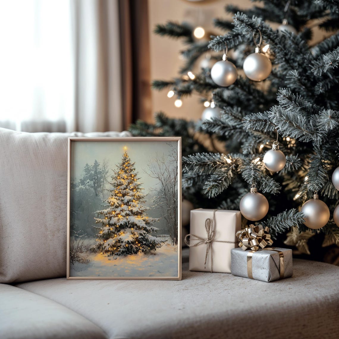 Snow Covered Christmas Tree With Warm Lights Winter Holiday Wall Art - Image 2