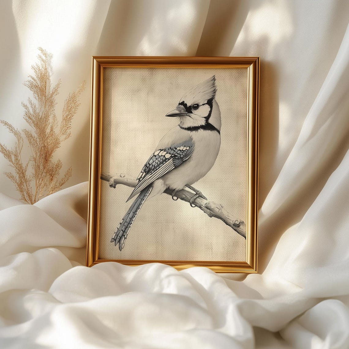 Blue Jay Pencil Sketch Winter Bird Neutral Farmhouse Art Print Poster - Image 2