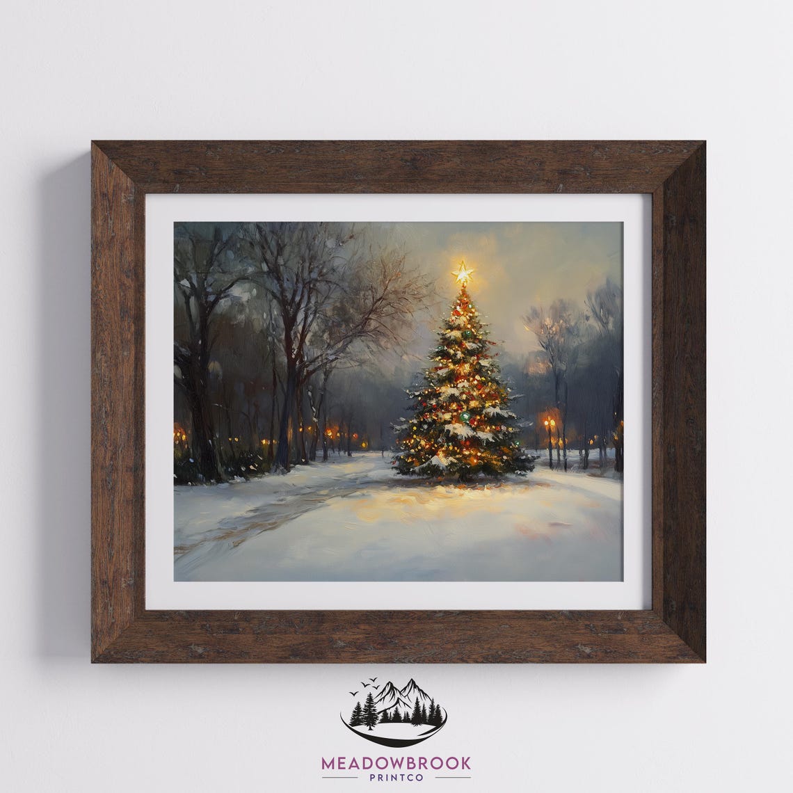 Lit Christmas Tree With Star In Snowy Park Holiday Night Art Poster - Image 2