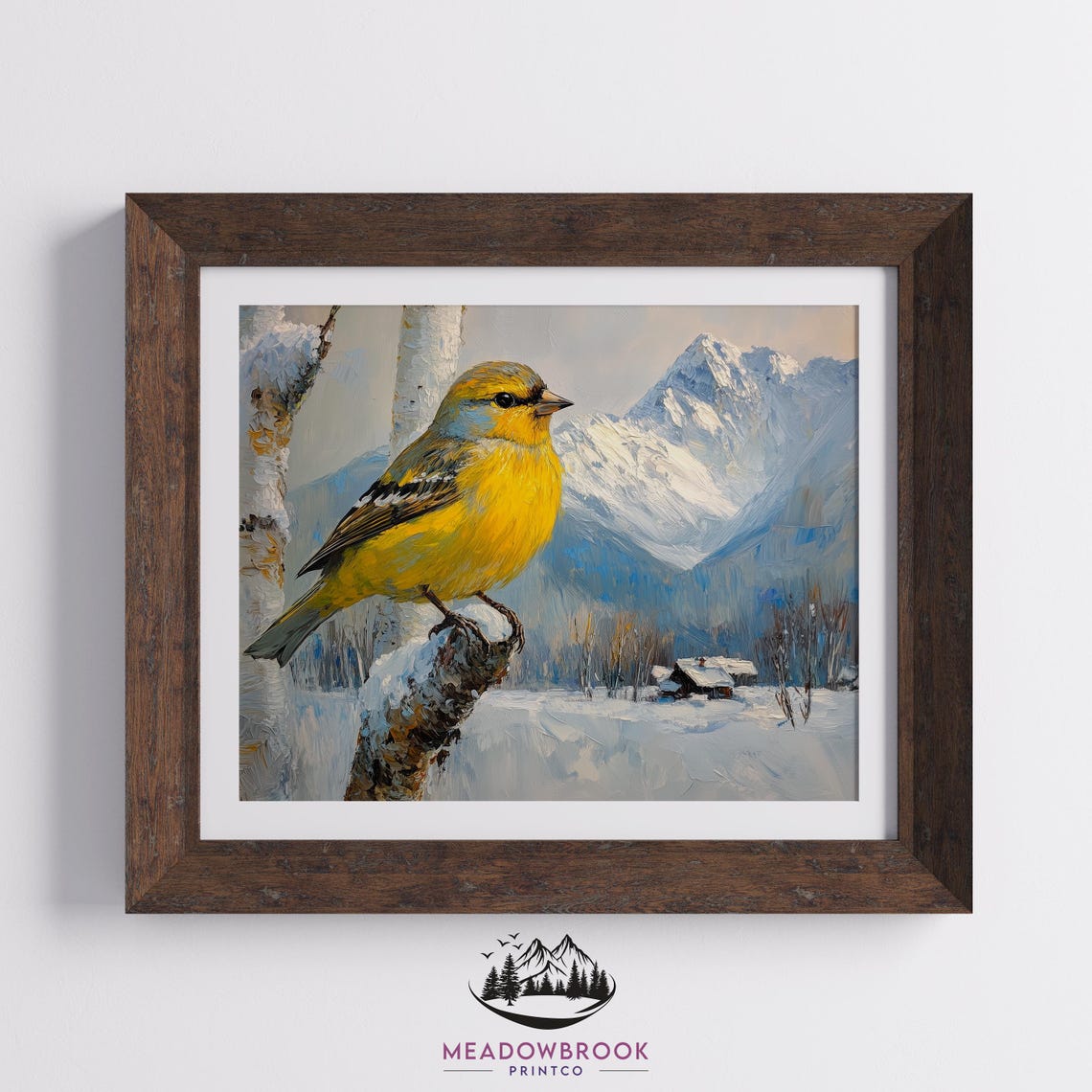 Siskin On Frosted Birch Branch Snowy Mountain Peak Winter Poster - Image 2