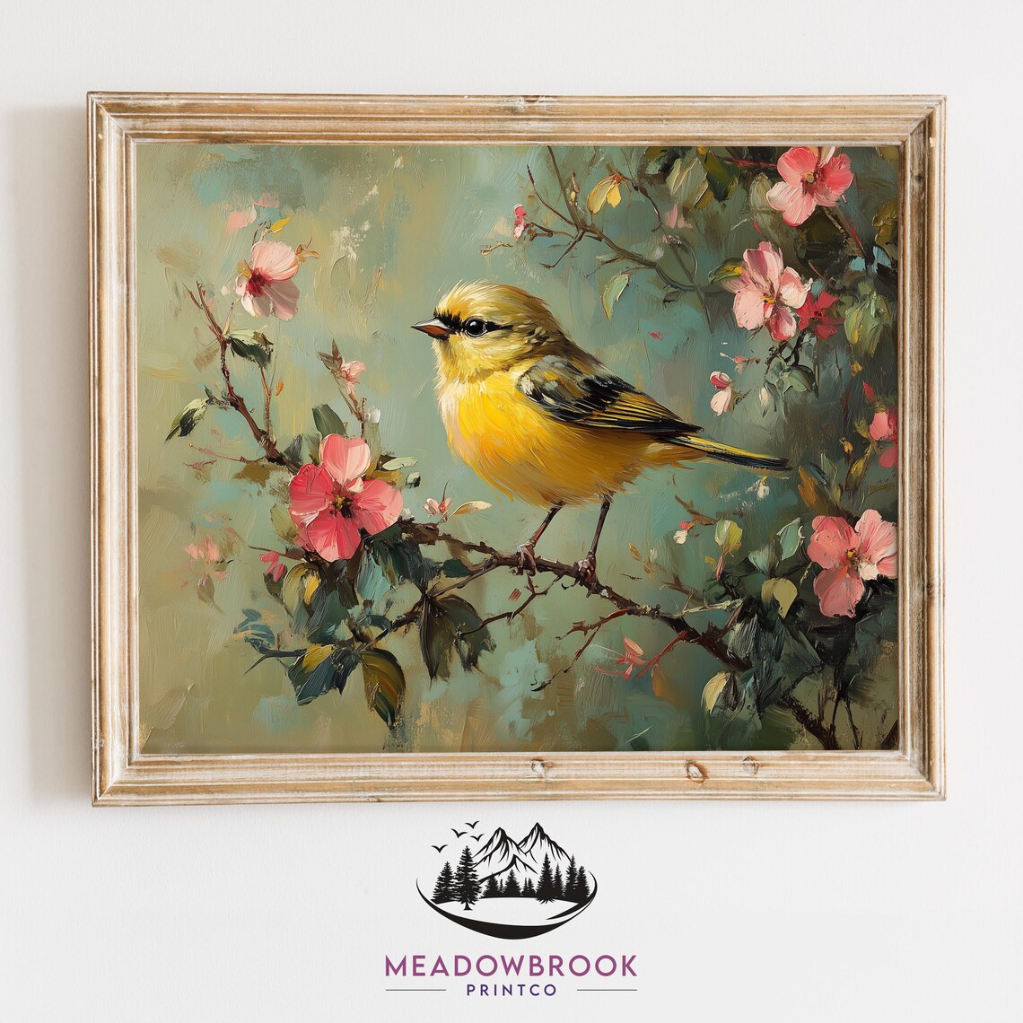 Goldfinch Bird Among Pink Spring Blossoms and Green Leaves Bird Print