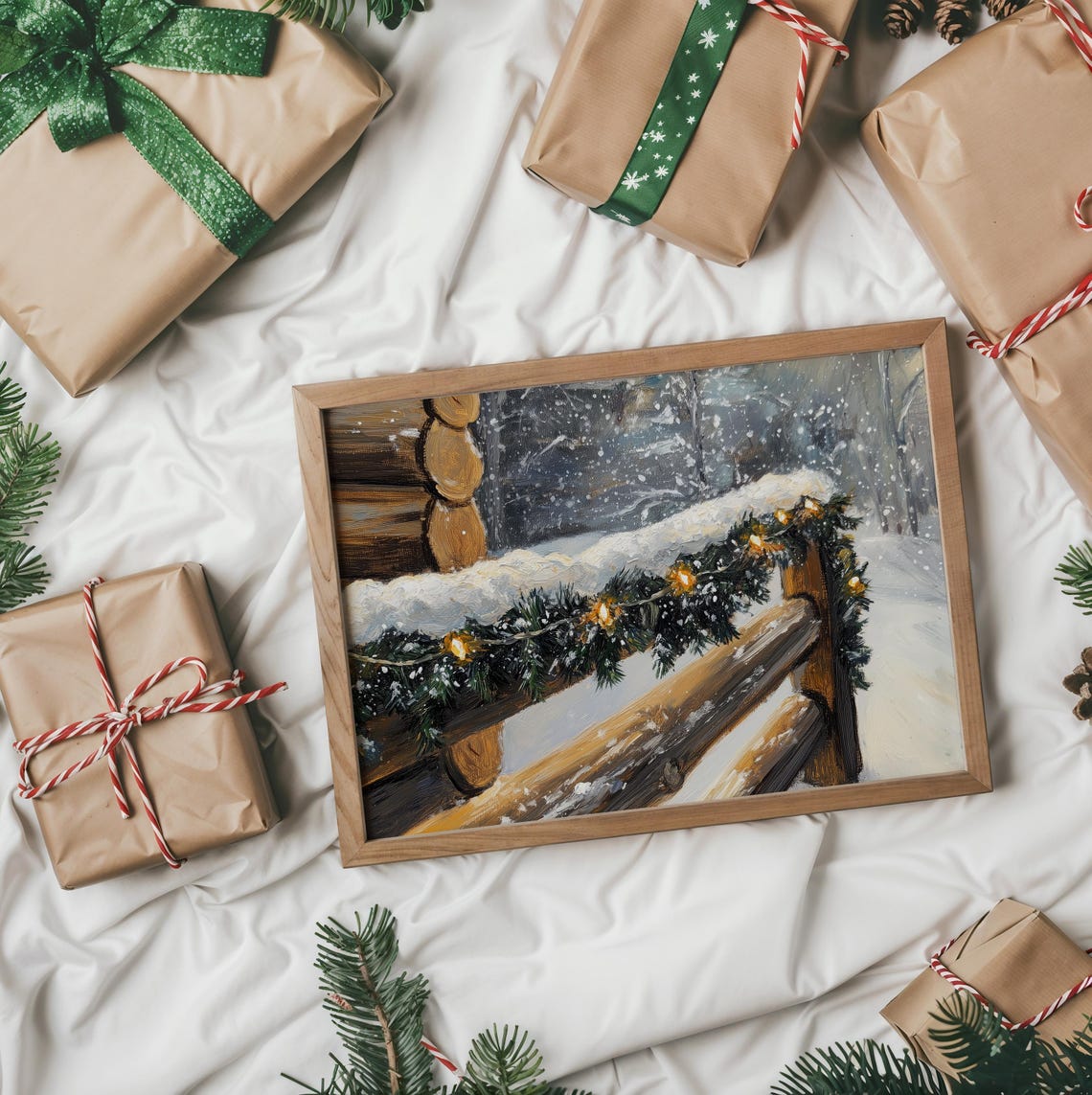 Snowy Cabin Railing With Garland Lights Winter Holiday Painting Print - Image 3
