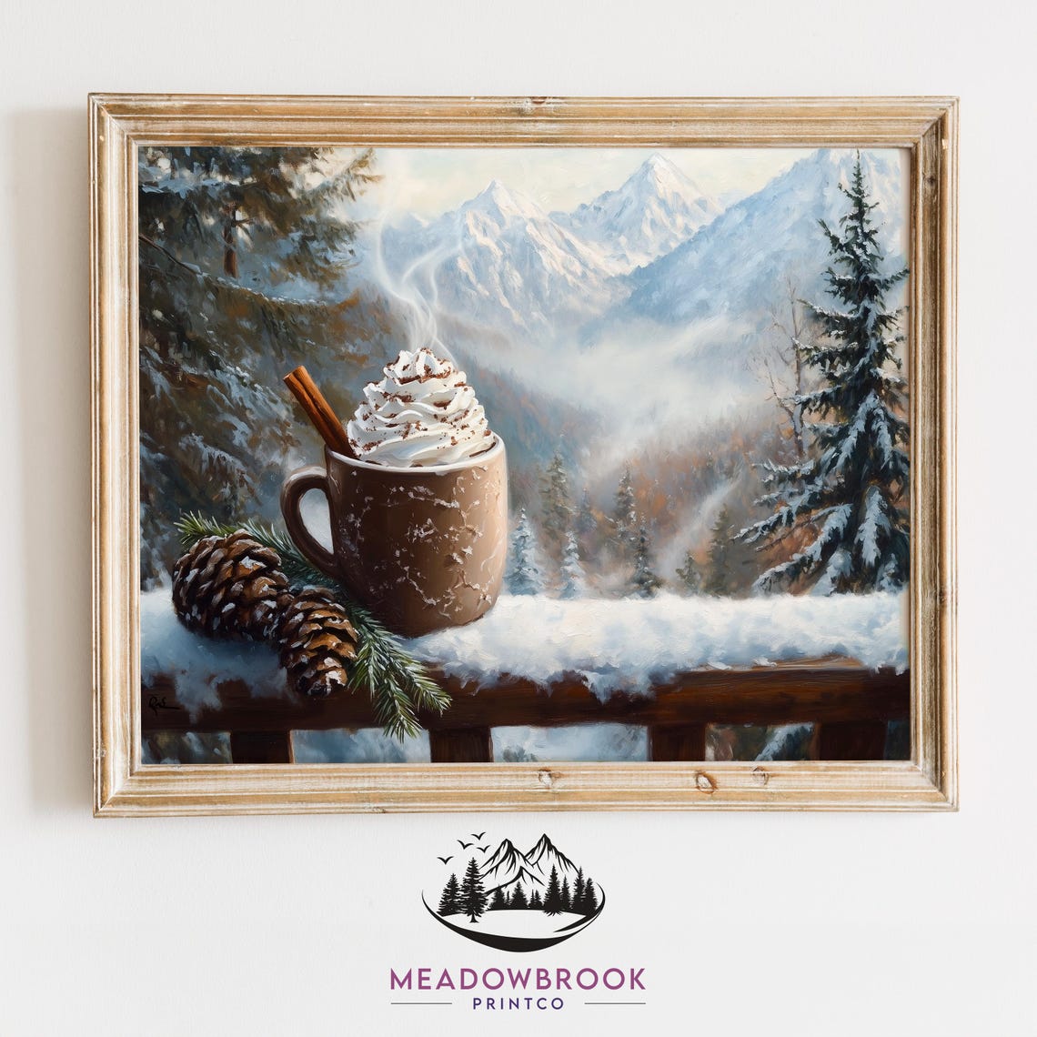 Steaming Cocoa Mug With Pinecones Snowy Mountain Cabin Art Poster