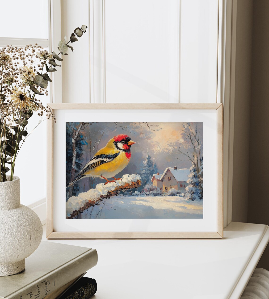 Goldfinch On Snowy Branch Winter Village Sunrise Oil Painting Poster - Image 3