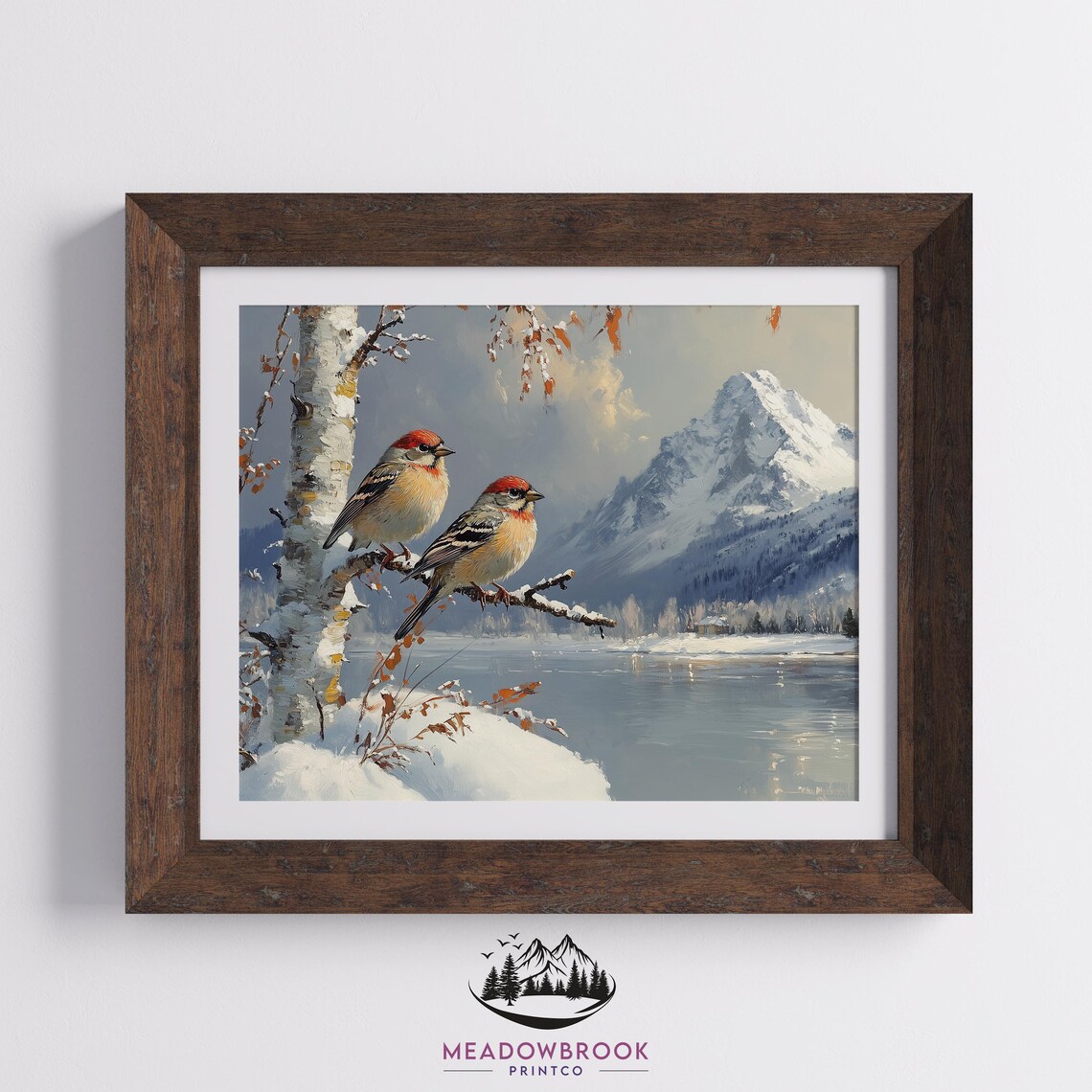 Pair Of House Finches On Snowy Branch Alpine Lake Winter Poster - Image 2