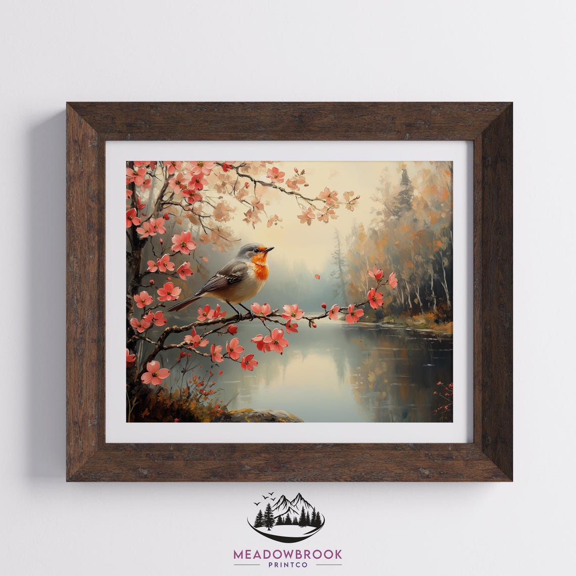 Robin On Dogwood Blossoms Over Calm River Spring Morning Art Poster - Image 2