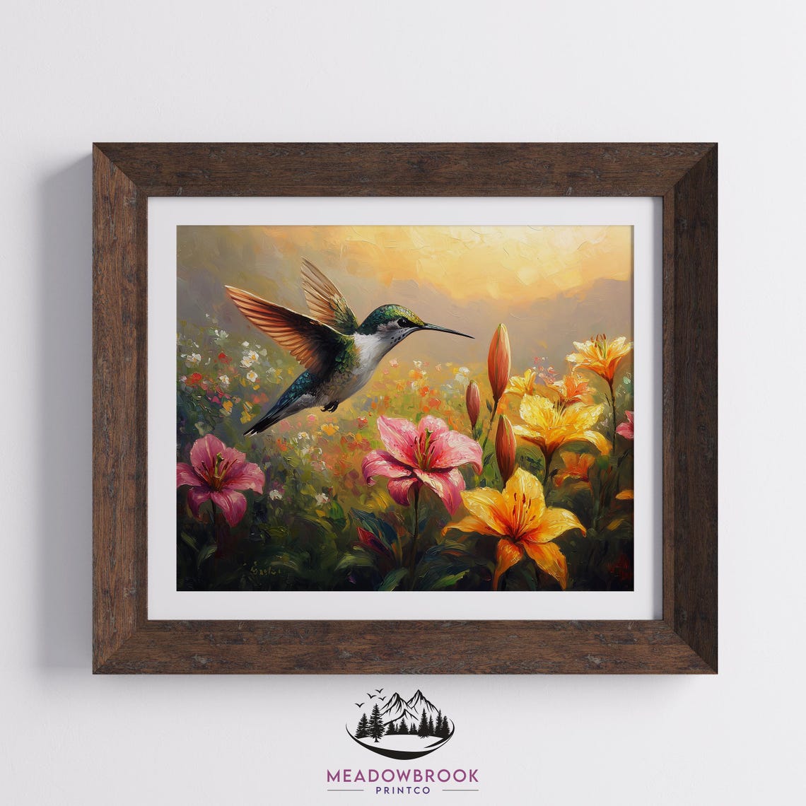 Hummingbird Hovering Over Blooming Lilies Golden Summer Garden Poster - Image 2