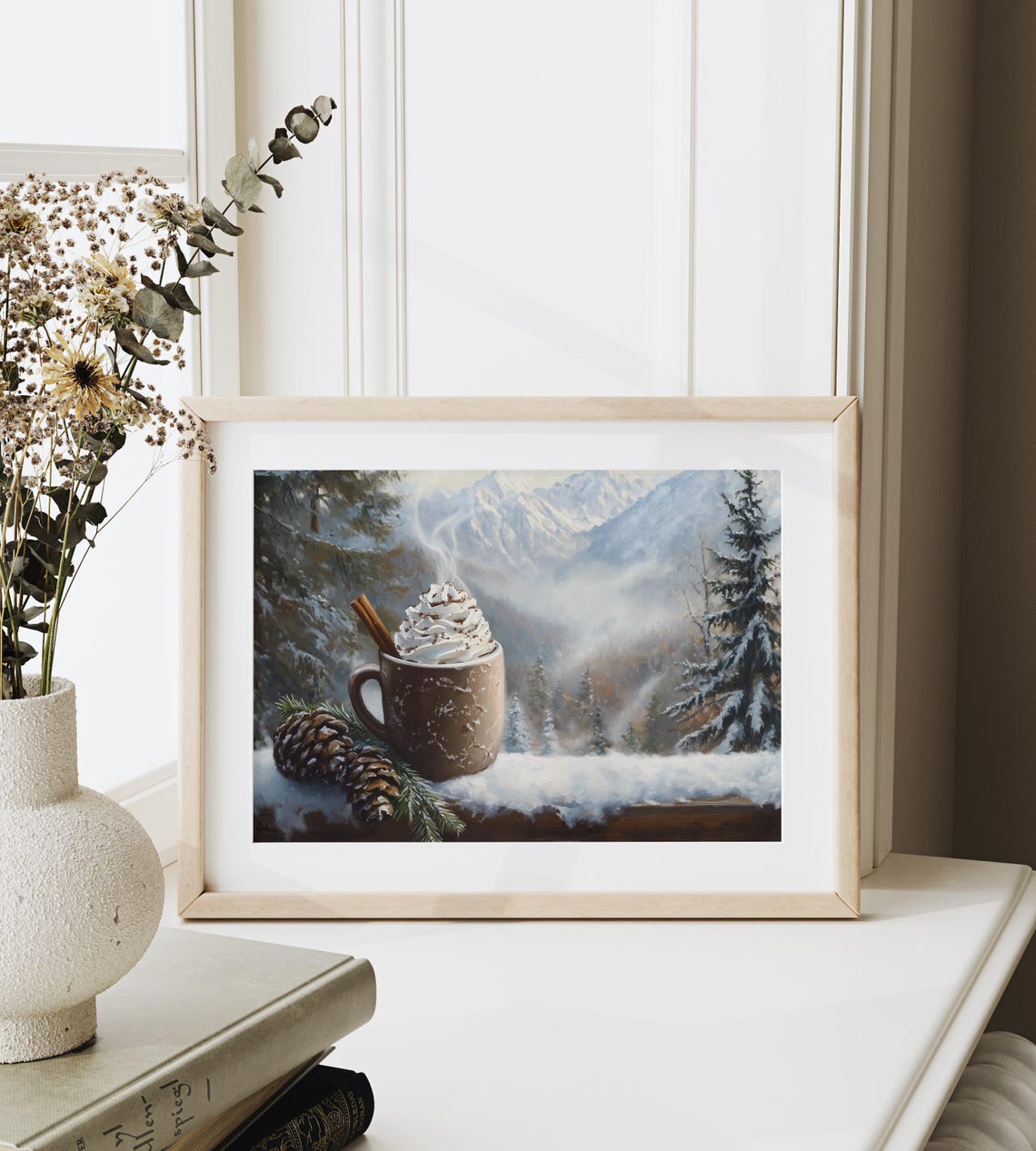 Steaming Cocoa Mug With Pinecones Snowy Mountain Cabin Art Poster - Image 3