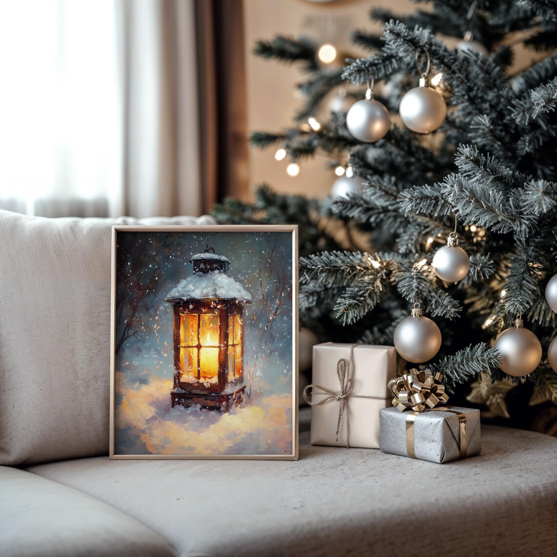 Glowing Snowy Christmas Lantern In Winter Night Vintage Painting Print - Image 2