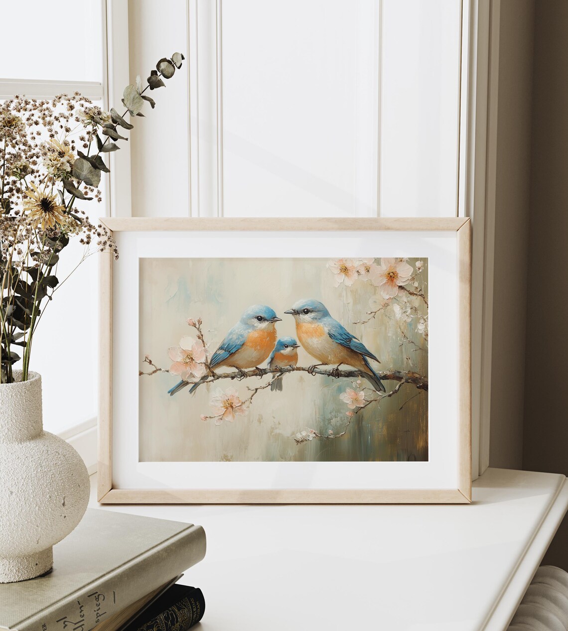 Bluebird Family On Blossoming Branch Spring Morning Bird Art Poster - Image 3