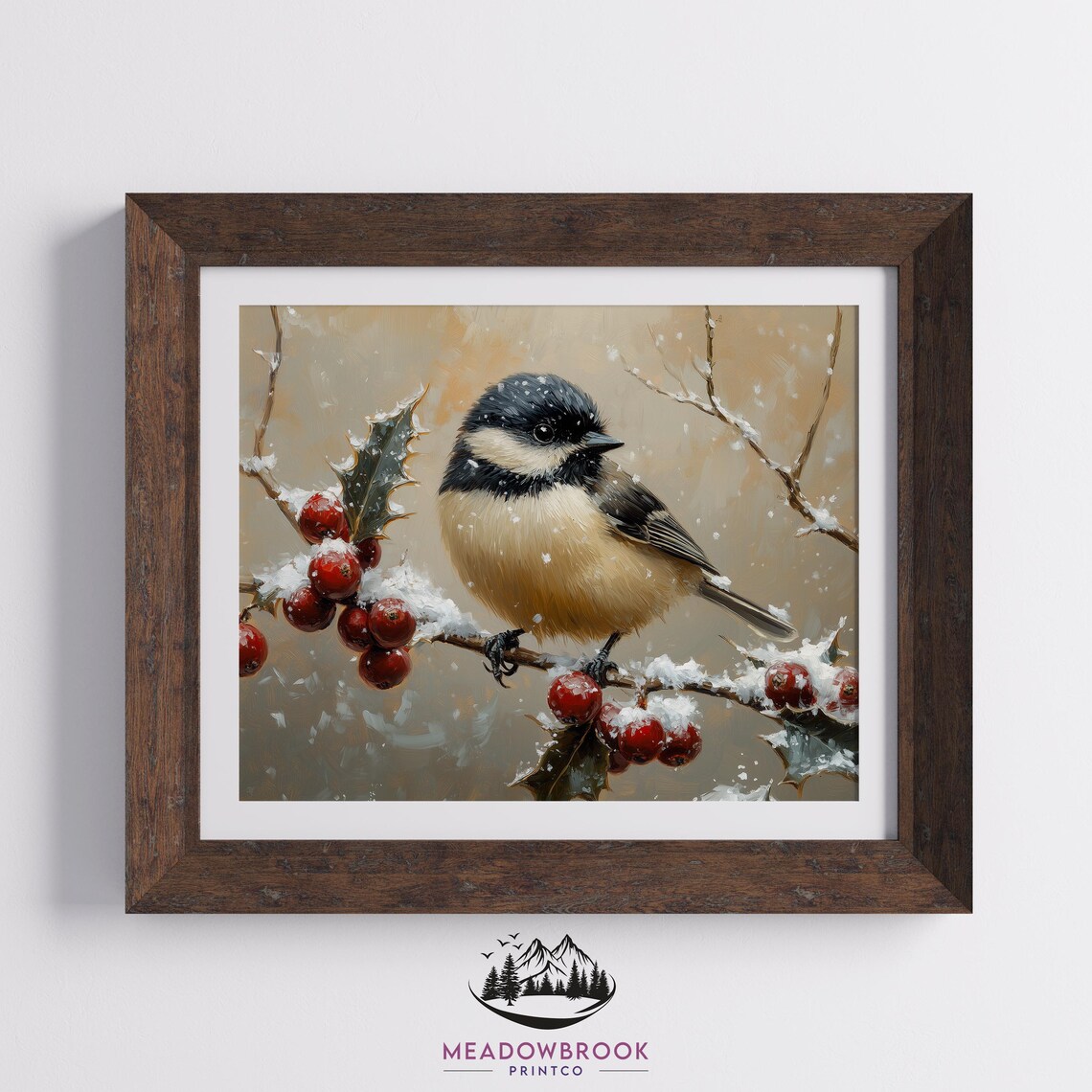 Chickadee On Snowy Branch With Holly Berries Winter Portrait Poster - Image 2