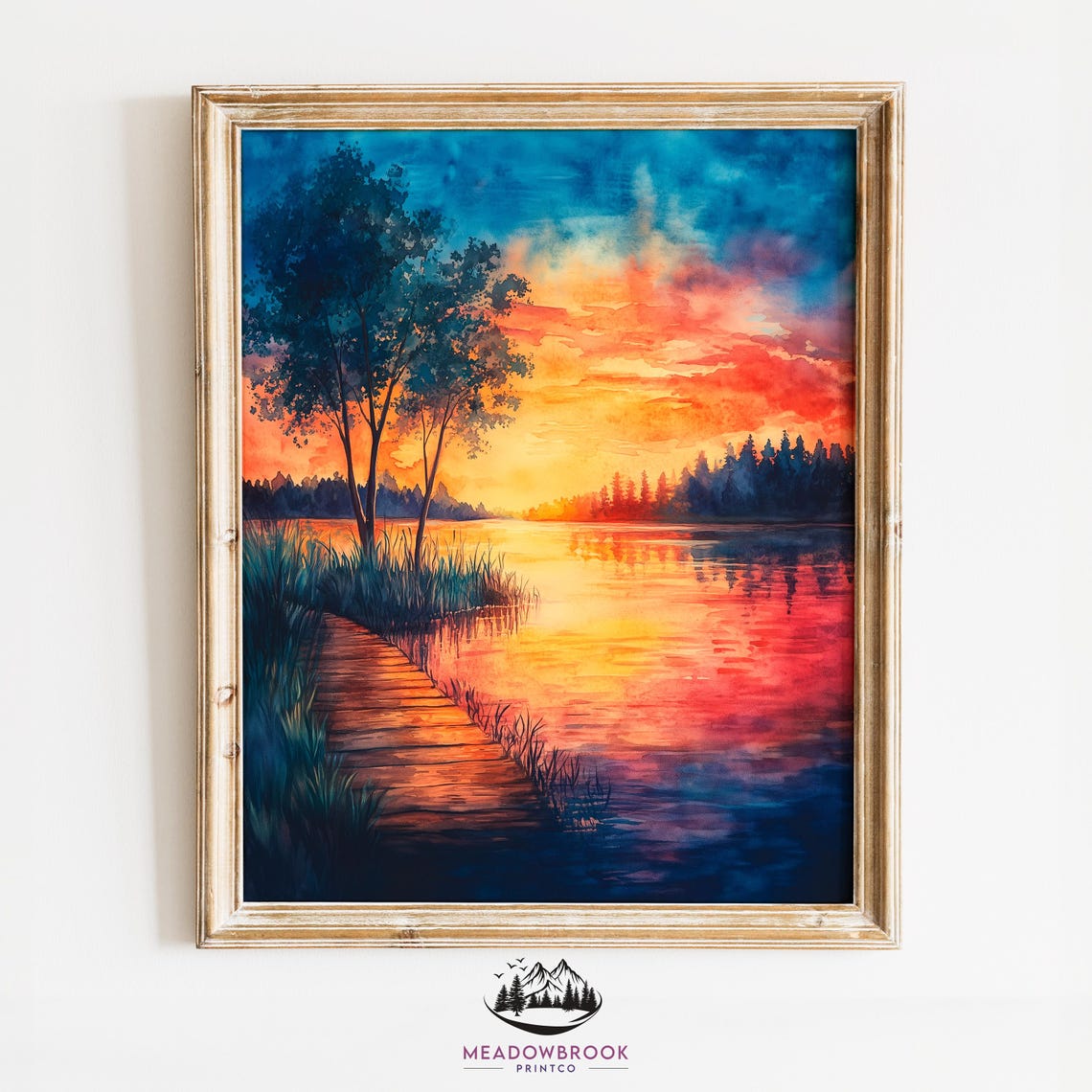 Sunset Boardwalk Path To Shimmering Lake Orange Sky Watercolor Poster