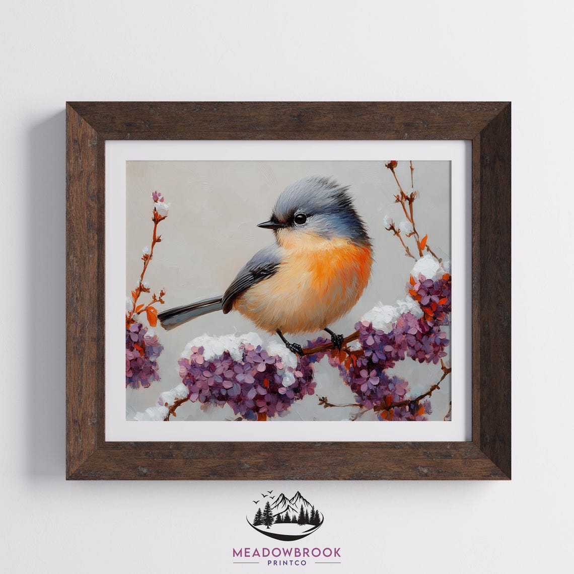 Tufted Titmouse On Snow Dusty Lilac Branch Soft Winter Art Poster - Image 2
