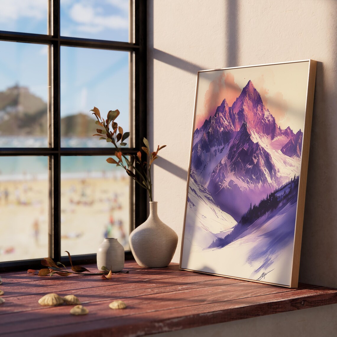 Snowy Mountain Peaks Purple Watercolor Alpine Sketch Winter Poster - Image 2