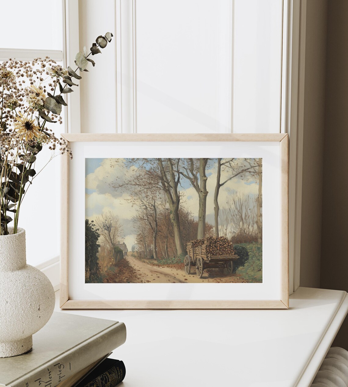 Rustic Firewood Cart On Country Road Vintage Autumn Painting Art Print - Image 3