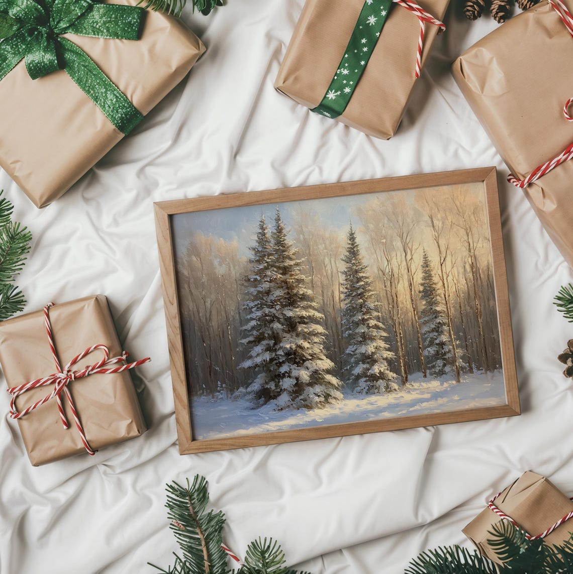 Sunlit Snowy Evergreens In Winter Forest Landscape Painting Print - Image 3