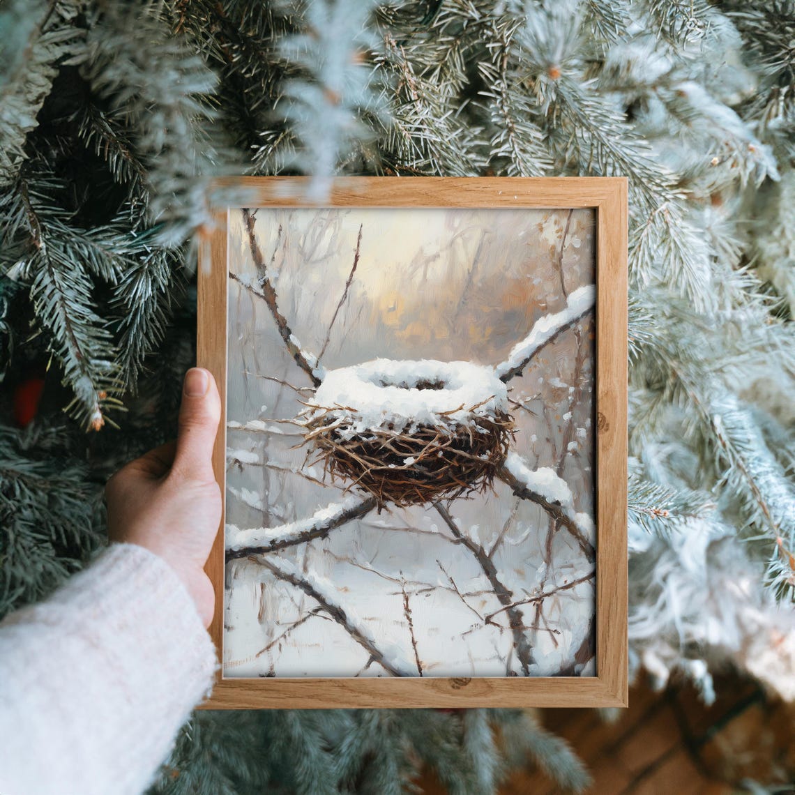 Snowy Bird Nest On Bare Branches Winter Woodland Nature Art Poster - Image 3
