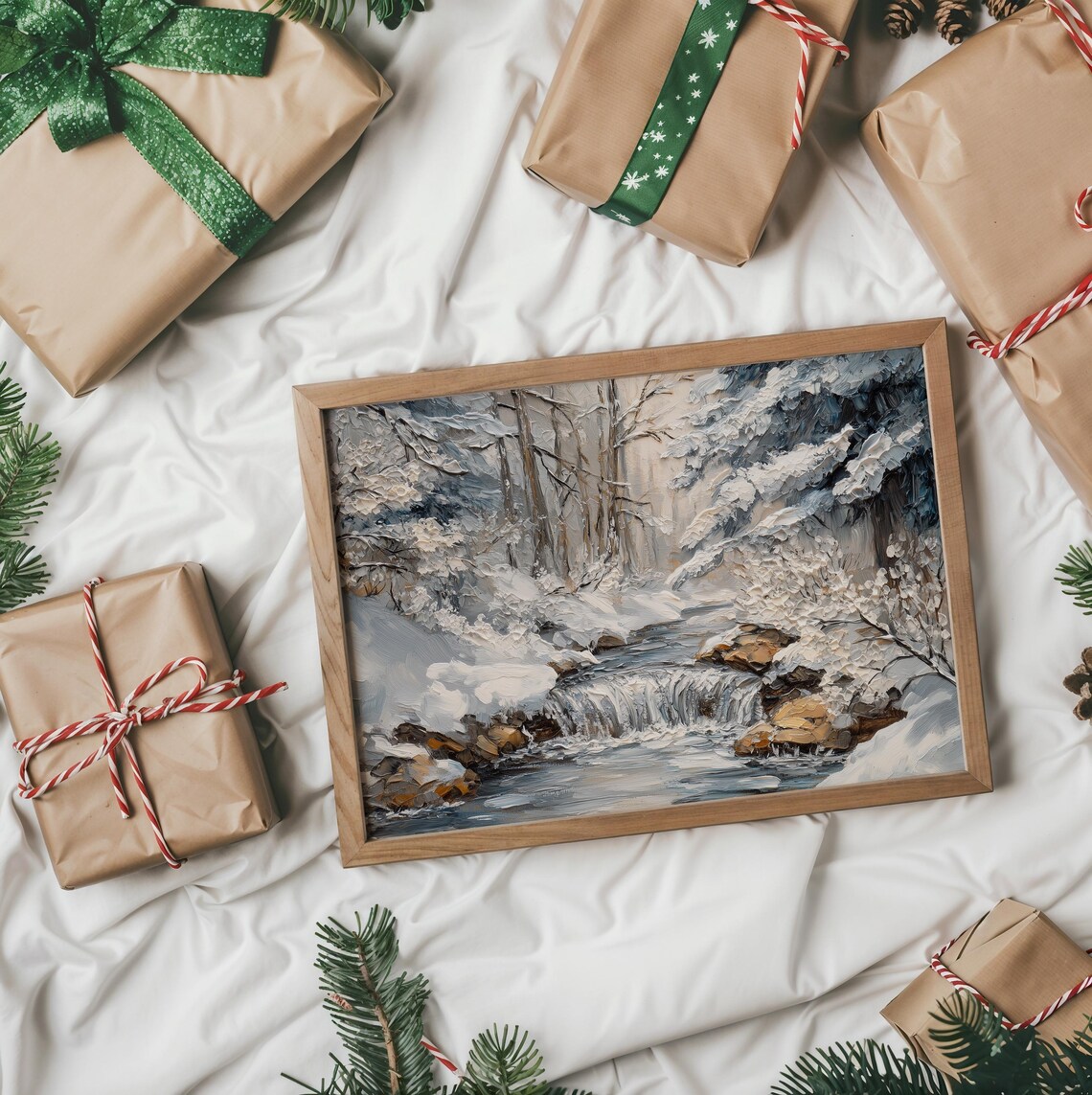 Serene Snowy Forest Stream Winter Waterfall Rustic Painting Print - Image 3