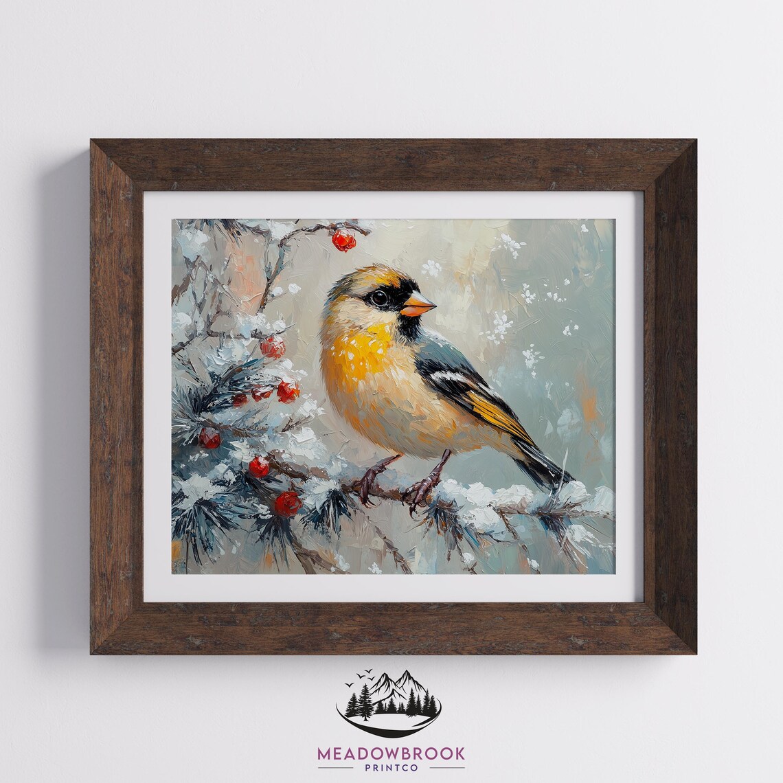 Finch On Icy Branch With Red Berries Frosty Winter Bird Art Poster - Image 2