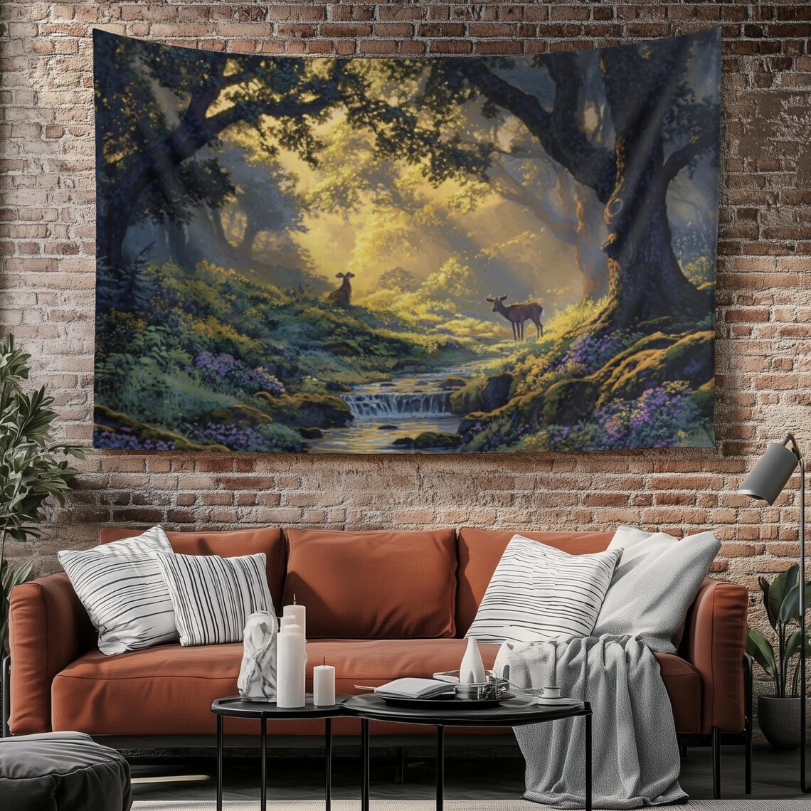 Golden Forest Deer Stream Sunlit Woodland Dream Tapestry Wall Art