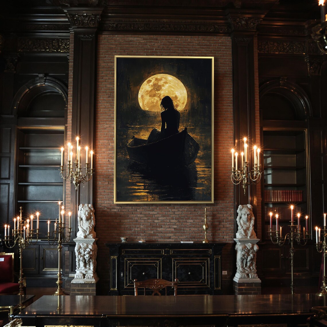 Woman In Boat Under Golden Full Moon Night Water Reflection Poster - Image 2