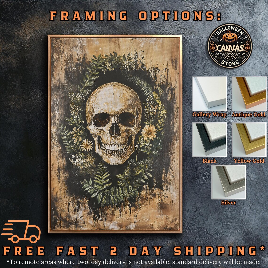 Skull Green Fern Wreath Wildflowers Grungy Dark Gothic Memento Mori Wall Art - Image 5