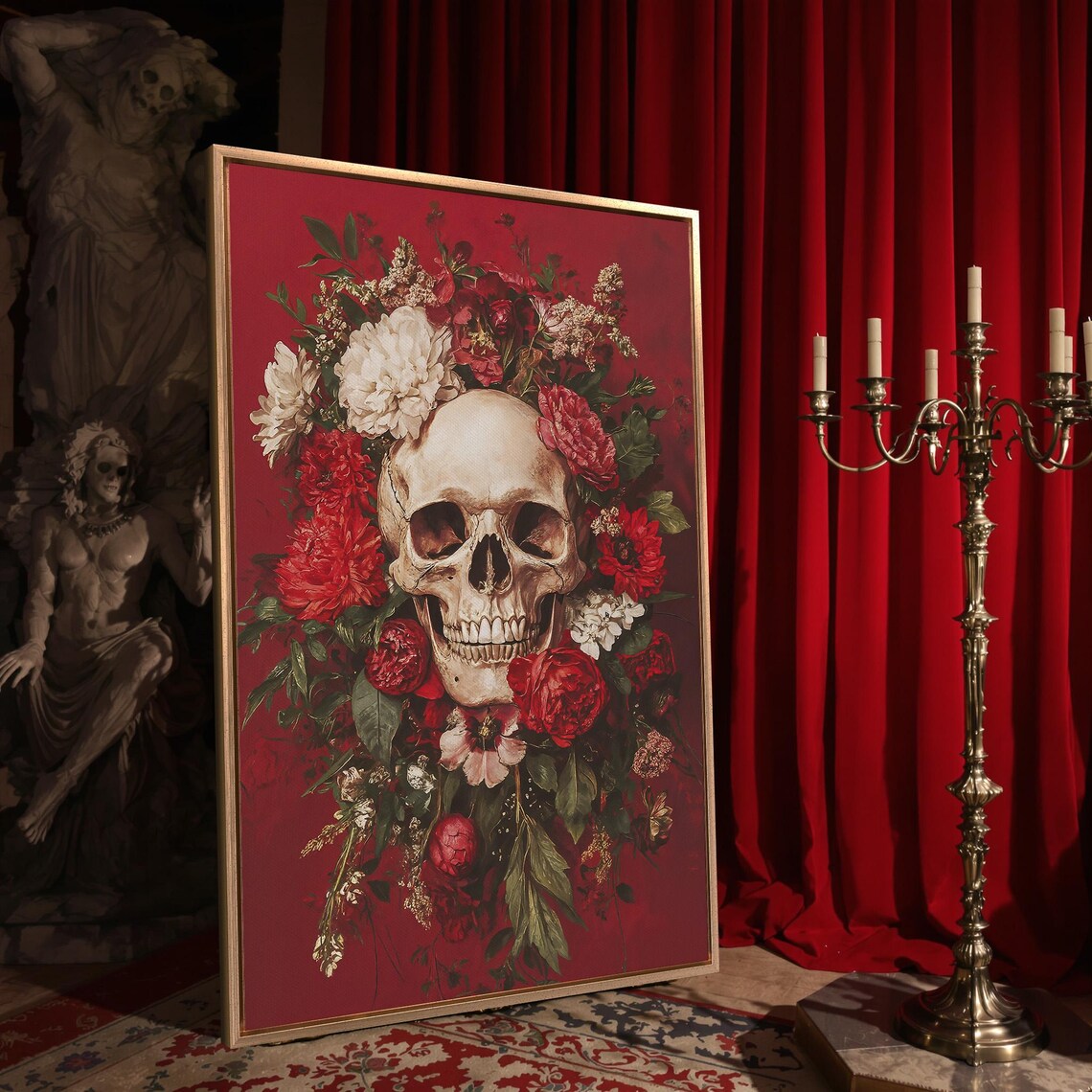 Skull Crowned With Red And White Flowers Deep Red Gothic Floral Dark Poster - Image 4