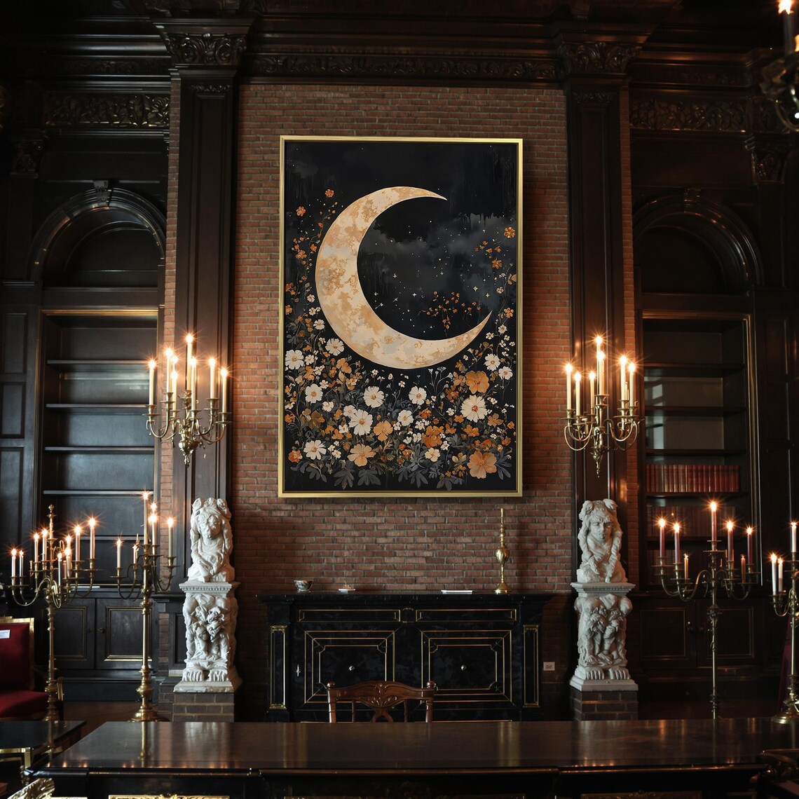 Golden Crescent Moon Rising Over Wildflower Meadow Starry Night Poster - Image 2
