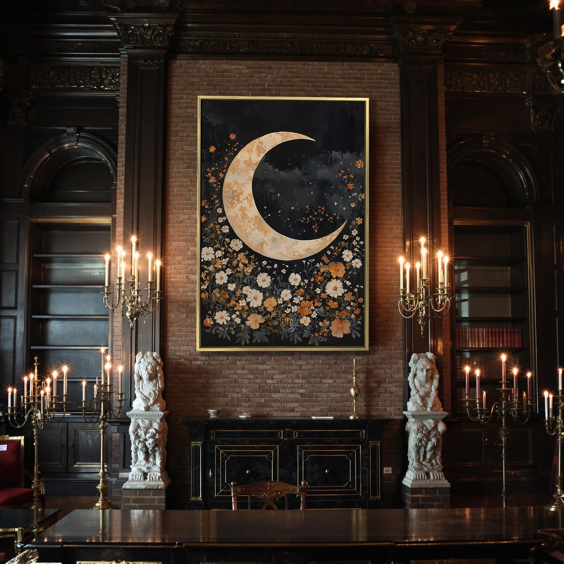 Great Crescent Moon In Floral Print Celestial Boho Home Decor Night Scene Art Dark Academic Poster Ready To Hang Framed Wall Art - Image 2