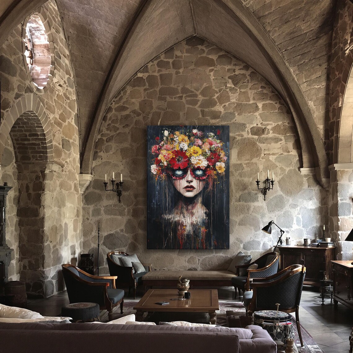 Surreal Floral Woman Portrait Glowing Eyes Dark Gothic Surrealism Wall Art - Image 3