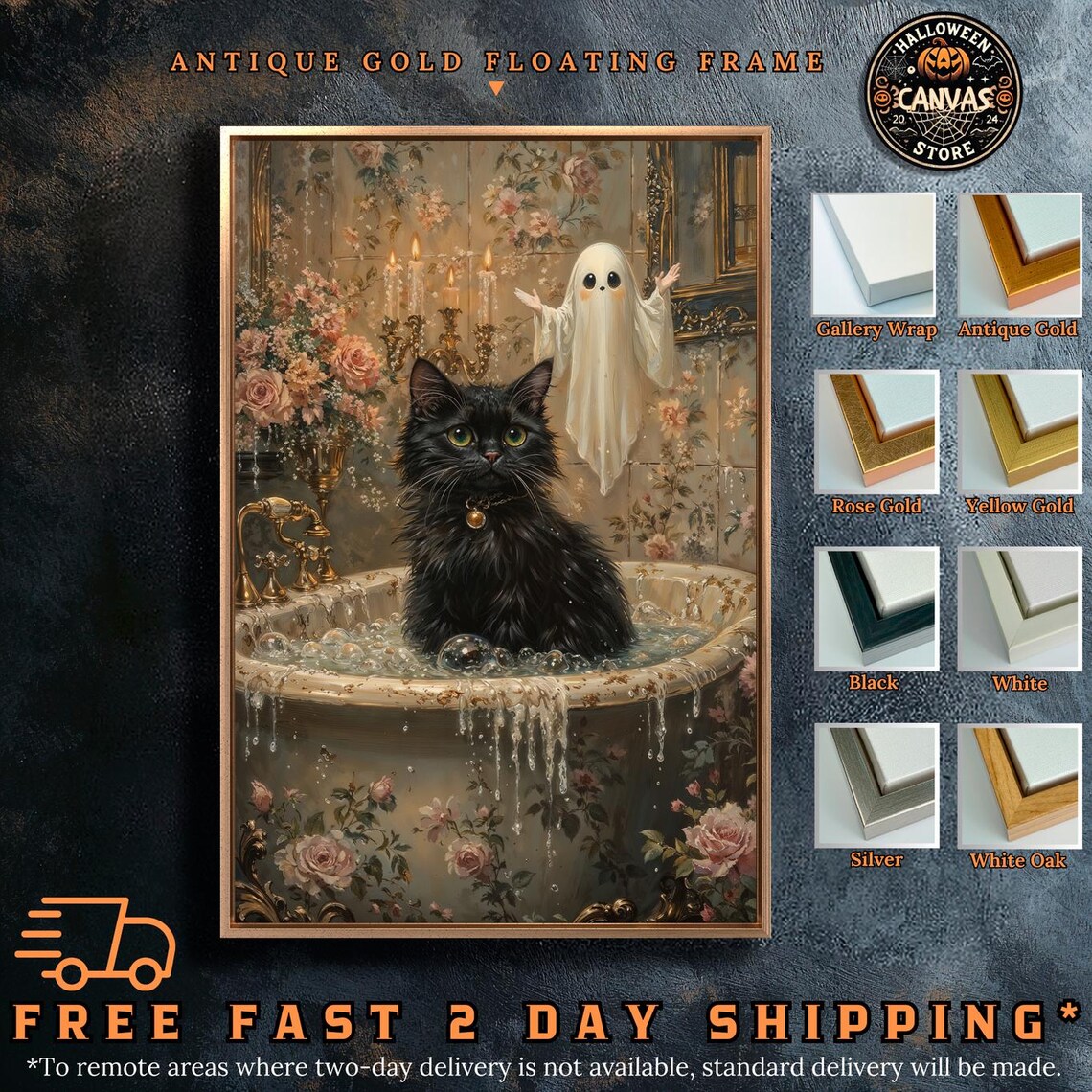 Black Cat Bath Tub Ghost Victorian Haunted Floral Cute Halloween Wall Poster - Image 2