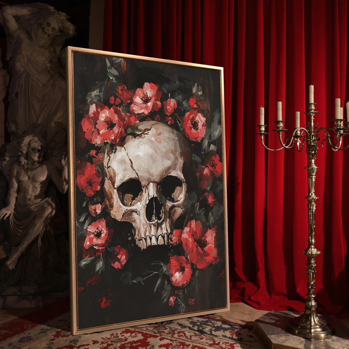 Floral Skull With Red Blossoms Painterly Dark Botanical Art Poster - Image 4