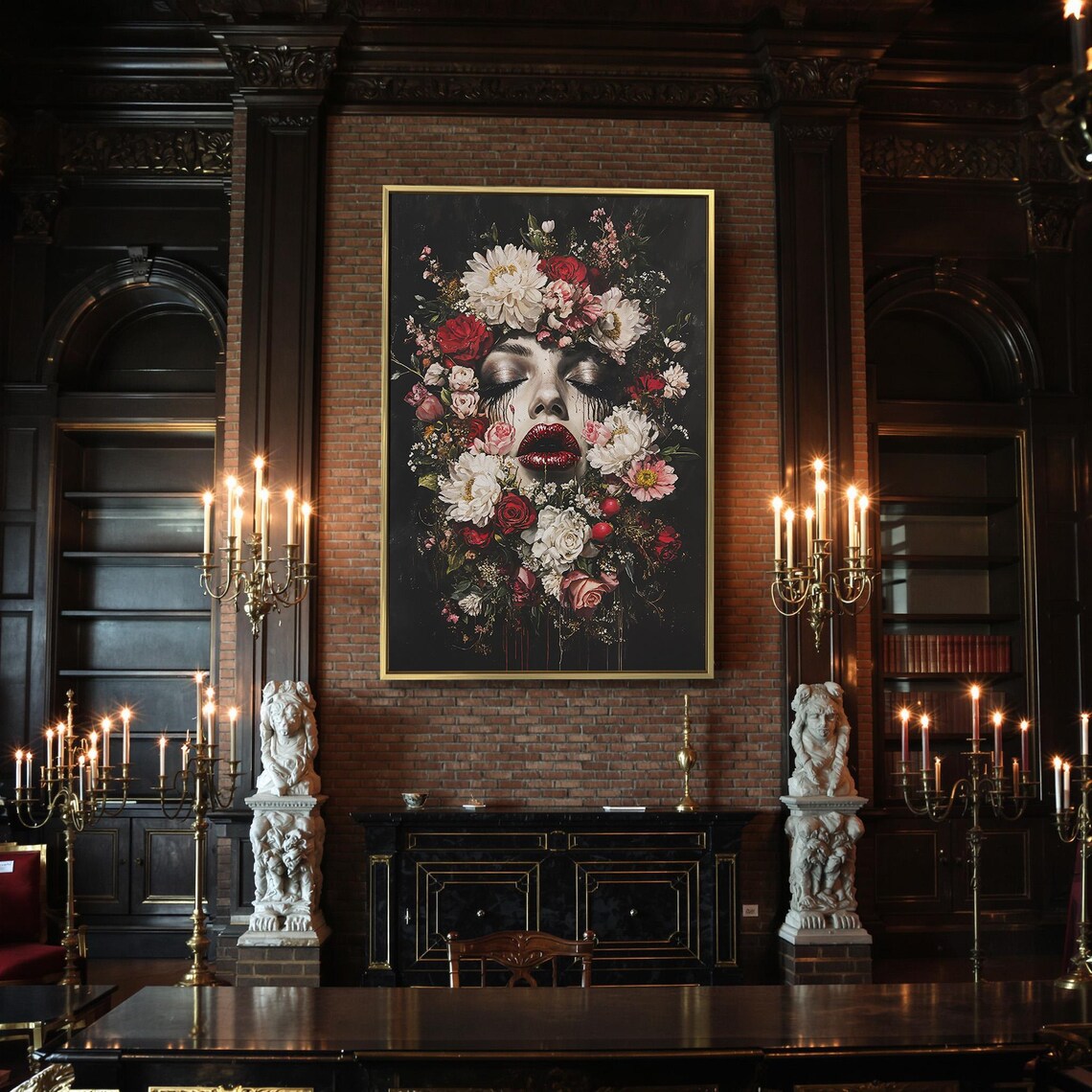 Gothic Female Face Hidden Among Red And White Flowers Dark Beauty Poster - Image 2